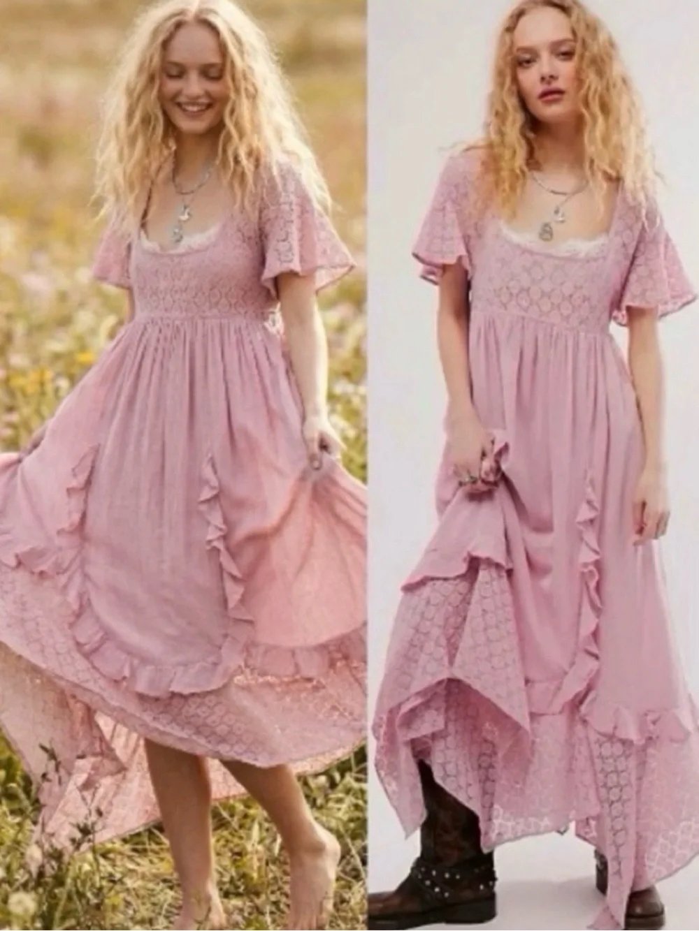 Free People Ethereal Bohemian Bring The Romance Midi Maxi Dress Pink Medium